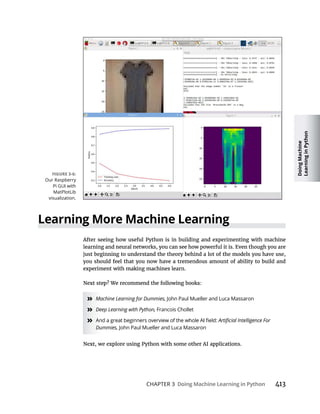 Doing
Machine
Learning
in
Python
CHAPTER 3 Doing Machine Learning in Python
Learning More Machine Learning
» Machine Learning for Dummies, John Paul Mueller and Luca Massaron
» Deep Learning with Python, Francois Chollet
»
Dummies, John Paul Mueller and Luca Massaron
Our Raspberry
MatPlotLib
visualization.
 
