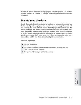 The
Five
Areas
of
Data
Science
CHAPTER 1 435
MatPlotLib. We use MatPlotLib in displaying our “big data graphics.” (If you have
read the chapters on AI (Book 4), then you have already experienced MatPlotLib
This is the step in data science that everyone ignores. After you have asked your
just basically shut down and walk away to the next project. The problem with that
way of thinking is that there is a very reasonable chance that you will have to ask
more questions of the same data, sometimes quite far in the future. Is important
to archive and document the following information so you can restart the project
quickly, or even more likely in the future you will run across a similar set of prob-
Take time to preserve:
» The data and sources
»
» The queries and results you got from the queries
 