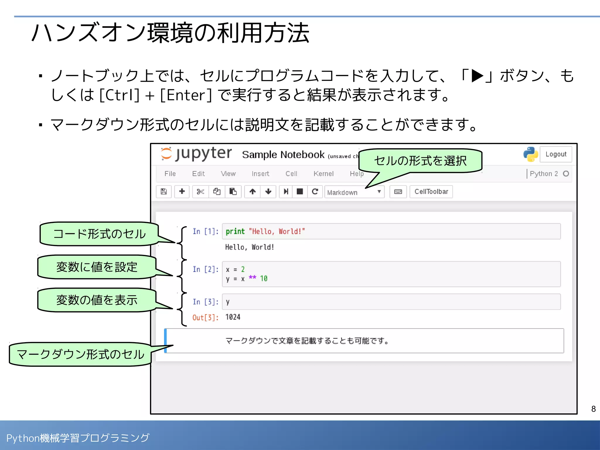 8
Python 機械学習プログラミング
ハンズオン環境の利用方法
■
ノートブック全体を最初から実行し直す場合は、メニューから「Kernel」→
「Restart & Clear Output」を選択して、これまでの実行内容をクリアしま
す。
 