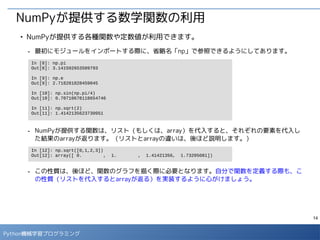 14
Python 機械学習プログラミング
データのサマリー情報の確認
■
dropna()メソッドで欠損値を含む行を削除した上で、統計情報を確認します。
- 平均値（mean）と中央値（50%）が乖離している場合、値の分布に歪み（skew）があると考え
られます。
In [5]: data[['age']].dropna().describe()
In [6]: data[['fare']].dropna().describe()
In [7]: data[['body']].dropna().describe()
平均値と中央値が
乖離した例
 
