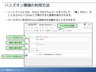 8
Python 機械学習プログラミング
ハンズオン環境の利用方法
■
ノートブック全体を最初から実行し直す場合は、メニューから「Kernel」→
「Restart & Clear Output」を選択して、これまでの実行内容をクリアしま
す。
 