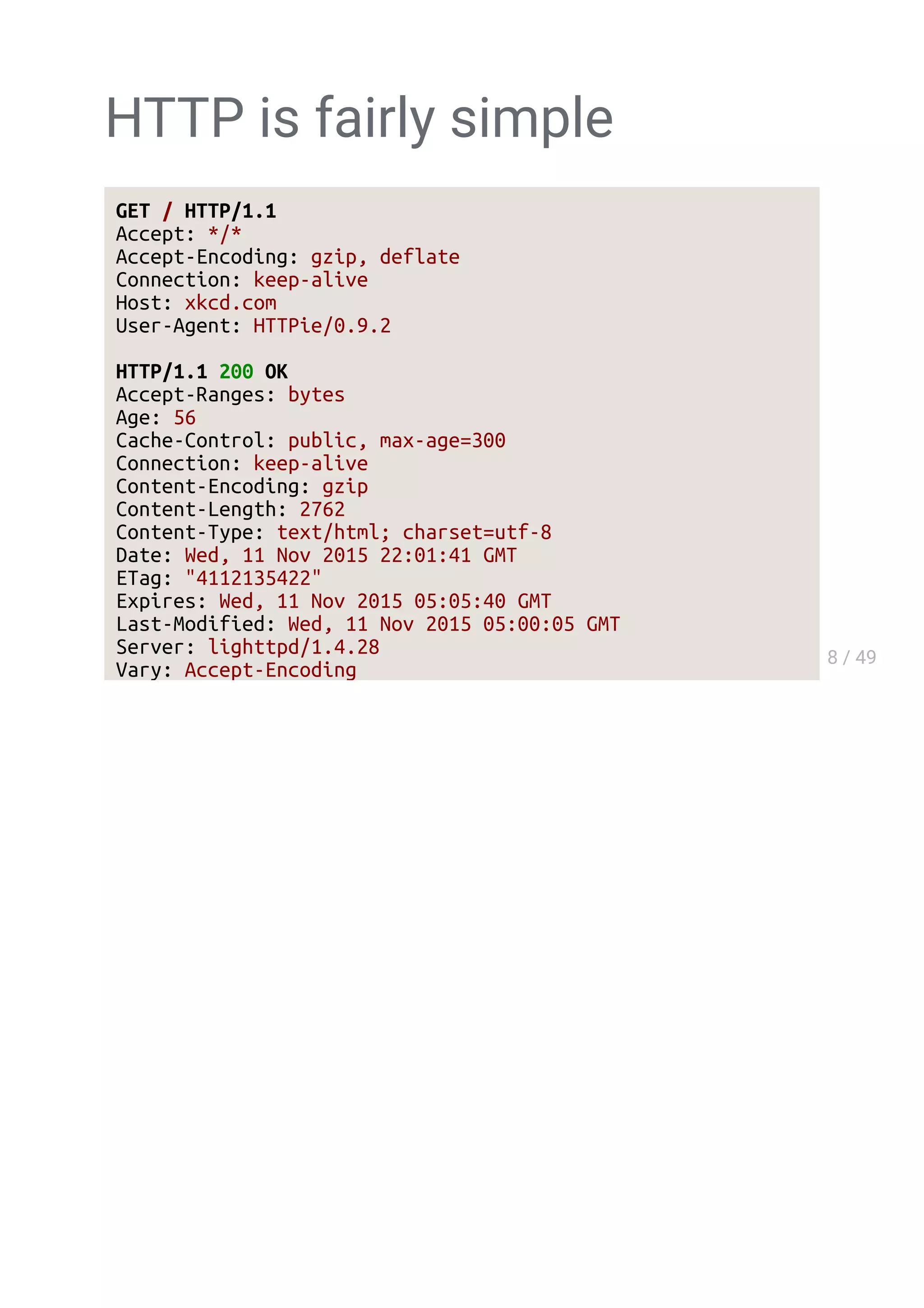 HTTP is fairly simple
GET / HTTP/1.1
Accept: */*
Accept-Encoding: gzip, deflate
Connection: keep-alive
Host: xkcd.com
User-Agent: HTTPie/0.9.2
HTTP/1.1 200 OK
Accept-Ranges: bytes
Age: 56
Cache-Control: public, max-age=300
Connection: keep-alive
Content-Encoding: gzip
Content-Length: 2762
Content-Type: text/html; charset=utf-8
Date: Wed, 11 Nov 2015 22:01:41 GMT
ETag: "4112135422"
Expires: Wed, 11 Nov 2015 05:05:40 GMT
Last-Modified: Wed, 11 Nov 2015 05:00:05 GMT
Server: lighttpd/1.4.28
 
