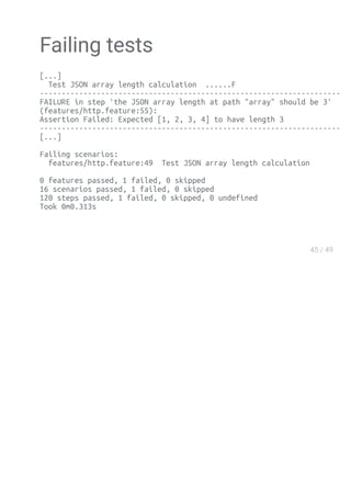 Failing tests
[...]
Test JSON array length calculation ......F
--------------------------------------------------------------------------------
FAILURE in step 'the JSON array length at path "array" should be 3'
(features/http.feature:55):
Assertion Failed: Expected [1, 2, 3, 4] to have length 3
--------------------------------------------------------------------------------
[...]
Failing scenarios:
features/http.feature:49 Test JSON array length calculation
0 features passed, 1 failed, 0 skipped
16 scenarios passed, 1 failed, 0 skipped
120 steps passed, 1 failed, 0 skipped, 0 undefined
Took 0m0.313s
 