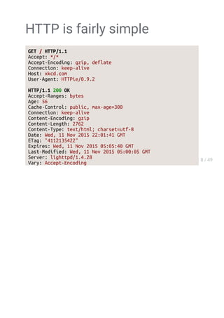 HTTP is fairly simple
GET / HTTP/1.1
Accept: */*
Accept-Encoding: gzip, deflate
Connection: keep-alive
Host: xkcd.com
User-Agent: HTTPie/0.9.2
HTTP/1.1 200 OK
Accept-Ranges: bytes
Age: 56
Cache-Control: public, max-age=300
Connection: keep-alive
Content-Encoding: gzip
Content-Length: 2762
Content-Type: text/html; charset=utf-8
Date: Wed, 11 Nov 2015 22:01:41 GMT
ETag: "4112135422"
Expires: Wed, 11 Nov 2015 05:05:40 GMT
Last-Modified: Wed, 11 Nov 2015 05:00:05 GMT
Server: lighttpd/1.4.28
 