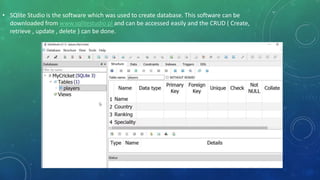 • SQlite Studio is the software which was used to create database. This software can be
downloaded from www.sqlitestudio.pl and can be accessed easily and the CRUD ( Create,
retrieve , update , delete ) can be done.
 