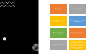 Course fees Very competitive
Working Professionals
All our trainers are working
professionals
Trainers Experience Min 7+ Years experience
Student Web Portal
We have a dedicated
students portal where you
will find course materials
and technical questions hr
questions prepared by it
professionals
 