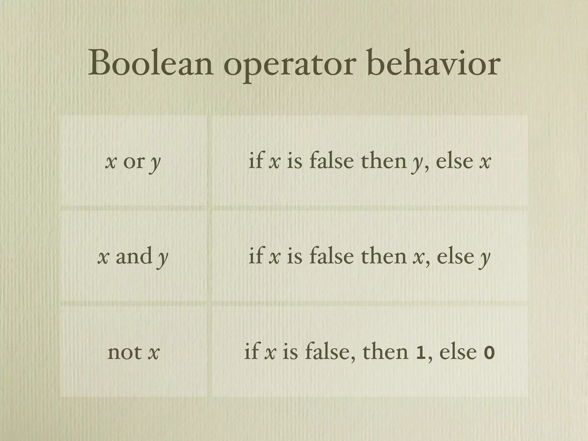 Boolean operator behavior x or y if x is false then y, else x x and y if x is false then x, else y not x if x is false, then 1, else 0 