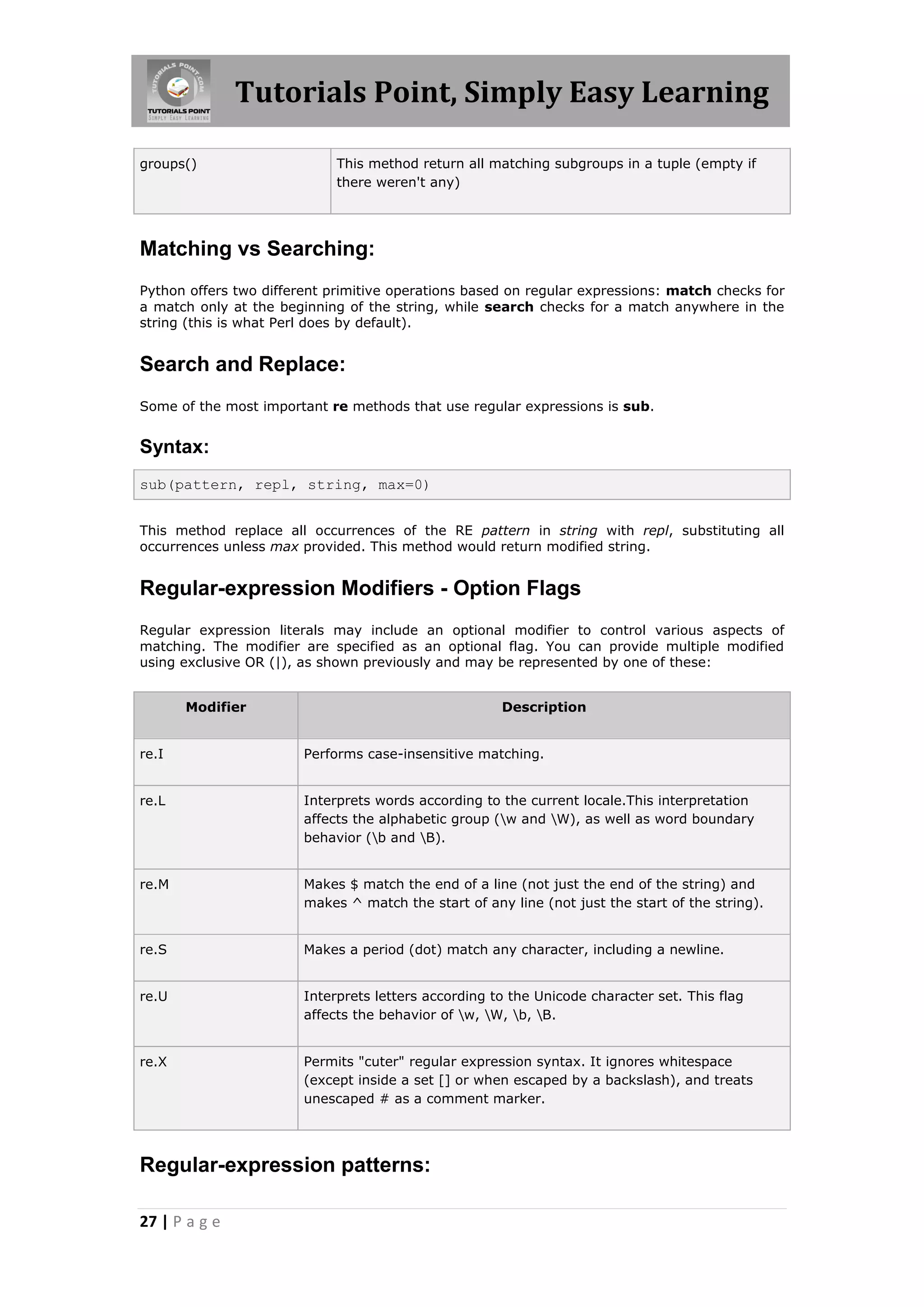 Tutorials Point, Simply Easy Learning groups() This method return all matching subgroups in a tuple (empty if there weren't any) Matching vs Searching: Python offers two different primitive operations based on regular expressions: match checks for a match only at the beginning of the string, while search checks for a match anywhere in the string (this is what Perl does by default). Search and Replace: Some of the most important re methods that use regular expressions is sub. Syntax: sub(pattern, repl, string, max=0) This method replace all occurrences of the RE pattern in string with repl, substituting all occurrences unless max provided. This method would return modified string. Regular-expression Modifiers - Option Flags Regular expression literals may include an optional modifier to control various aspects of matching. The modifier are specified as an optional flag. You can provide multiple modified using exclusive OR (|), as shown previously and may be represented by one of these: Modifier Description re.I Performs case-insensitive matching. re.L Interprets words according to the current locale.This interpretation affects the alphabetic group (w and W), as well as word boundary behavior (b and B). re.M Makes $ match the end of a line (not just the end of the string) and makes ^ match the start of any line (not just the start of the string). re.S Makes a period (dot) match any character, including a newline. re.U Interprets letters according to the Unicode character set. This flag affects the behavior of w, W, b, B. re.X Permits "cuter" regular expression syntax. It ignores whitespace (except inside a set [] or when escaped by a backslash), and treats unescaped # as a comment marker. Regular-expression patterns: 27 | P a g e 