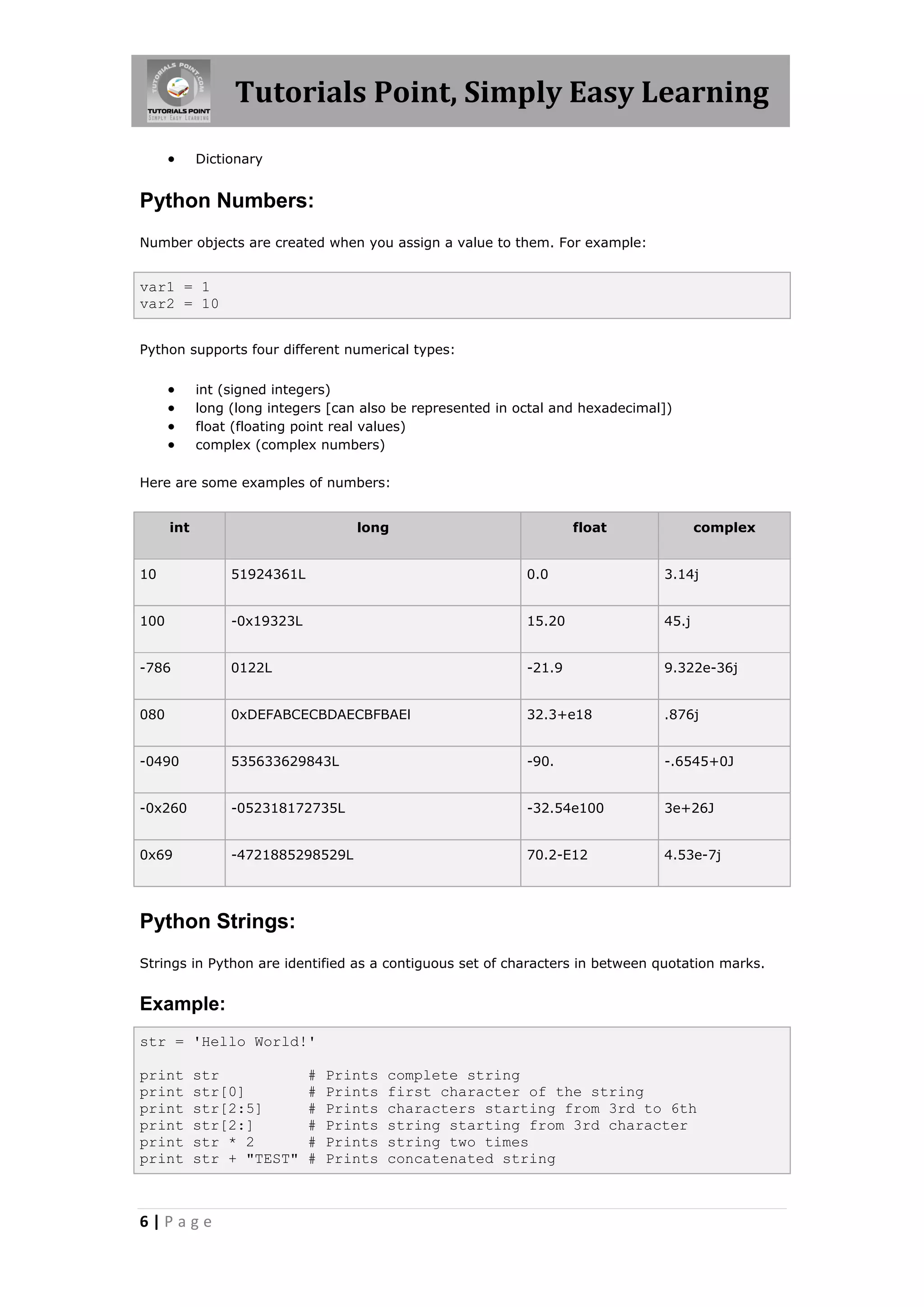 Tutorials Point, Simply Easy Learning  Dictionary Python Numbers: Number objects are created when you assign a value to them. For example: var1 = 1 var2 = 10 Python supports four different numerical types:  int (signed integers)  long (long integers [can also be represented in octal and hexadecimal])  float (floating point real values)  complex (complex numbers) Here are some examples of numbers: int long float complex 10 51924361L 0.0 3.14j 100 -0x19323L 15.20 45.j -786 0122L -21.9 9.322e-36j 080 0xDEFABCECBDAECBFBAEl 32.3+e18 .876j -0490 535633629843L -90. -.6545+0J -0x260 -052318172735L -32.54e100 3e+26J 0x69 -4721885298529L 70.2-E12 4.53e-7j Python Strings: Strings in Python are identified as a contiguous set of characters in between quotation marks. Example: str = 'Hello World!' print str # Prints complete string print str[0] # Prints first character of the string print str[2:5] # Prints characters starting from 3rd to 6th print str[2:] # Prints string starting from 3rd character print str * 2 # Prints string two times print str + "TEST" # Prints concatenated string 6|Page 
