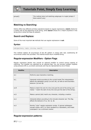 Tutorials Point, Simply Easy Learning

groups()                     This method return all matching subgroups in a tuple (empty if
                             there weren't any)




Matching vs Searching:
Python offers two different primitive operations based on regular expressions: match checks for
a match only at the beginning of the string, while search checks for a match anywhere in the
string (this is what Perl does by default).


Search and Replace:
Some of the most important re methods that use regular expressions is sub.


Syntax:
sub(pattern, repl, string, max=0)


This method replace all occurrences of the RE pattern in string with repl, substituting all
occurrences unless max provided. This method would return modified string.


Regular-expression Modifiers - Option Flags
Regular expression literals may include an optional modifier to control various aspects of
matching. The modifier are specified as an optional flag. You can provide multiple modified
using exclusive OR (|), as shown previously and may be represented by one of these:


       Modifier                                       Description


re.I                    Performs case-insensitive matching.


re.L                    Interprets words according to the current locale.This interpretation
                        affects the alphabetic group (w and W), as well as word boundary
                        behavior (b and B).


re.M                    Makes $ match the end of a line (not just the end of the string) and
                        makes ^ match the start of any line (not just the start of the string).


re.S                    Makes a period (dot) match any character, including a newline.


re.U                    Interprets letters according to the Unicode character set. This flag
                        affects the behavior of w, W, b, B.


re.X                    Permits "cuter" regular expression syntax. It ignores whitespace
                        (except inside a set [] or when escaped by a backslash), and treats
                        unescaped # as a comment marker.




Regular-expression patterns:

27 | P a g e
 