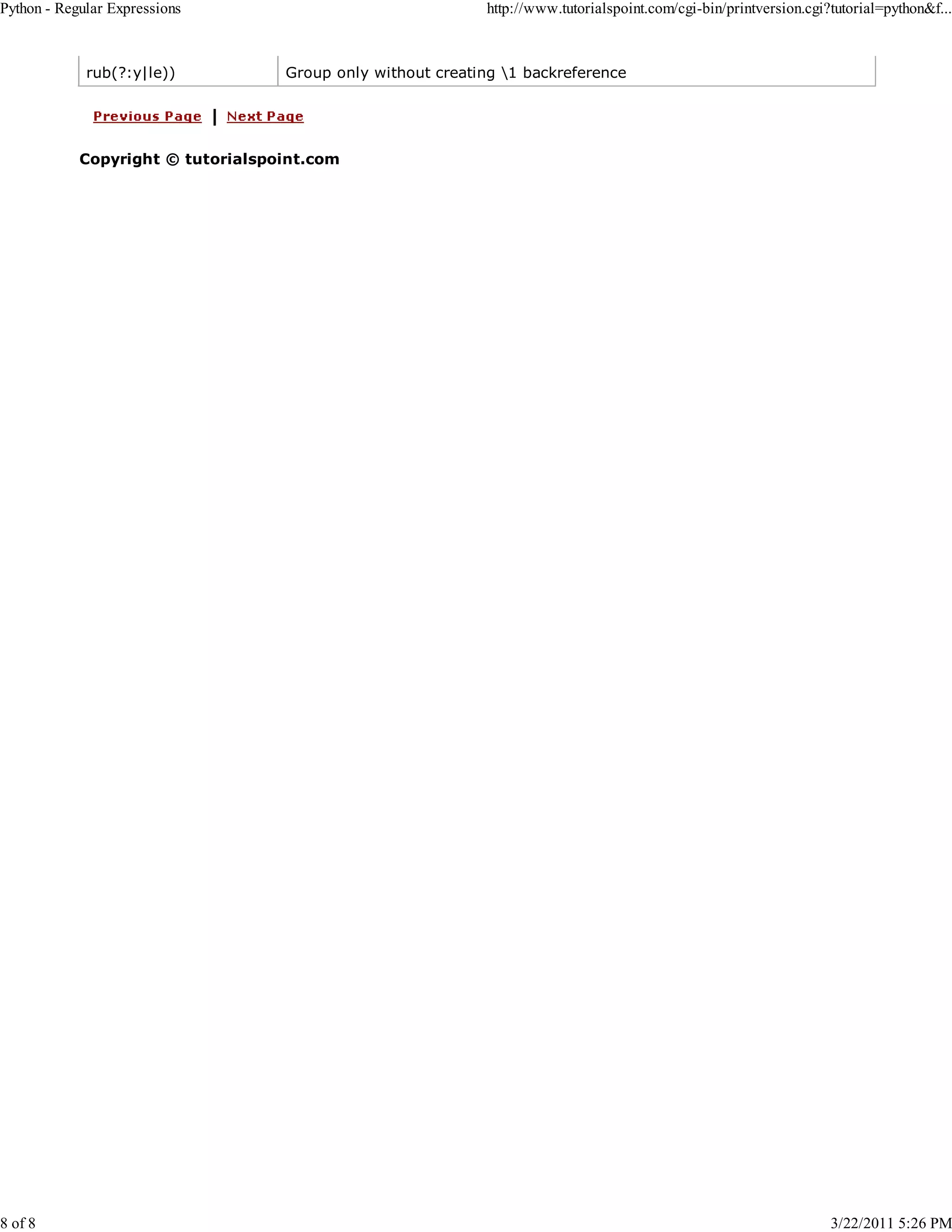 Python - Regular Expressions 8 of 8 rub(?:y|le)) http://www.tutorialspoint.com/cgi-bin/printversion.cgi?tutorial=python&f... Group only without creating 1 backreference Copyright © tutorialspoint.com 3/22/2011 5:26 PM 