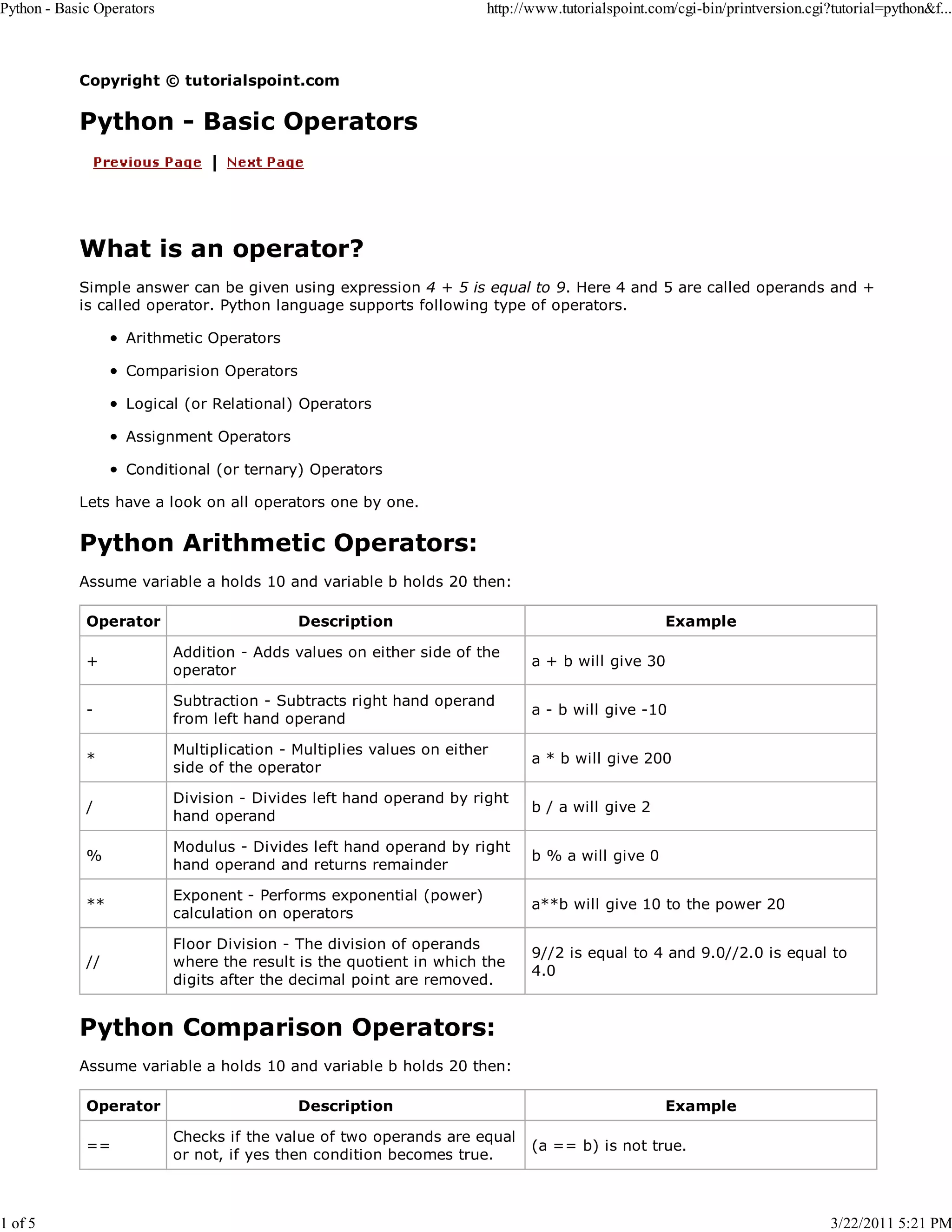 Python - Basic Operators 1 of 5 http://www.tutorialspoint.com/cgi-bin/printversion.cgi?tutorial=python&f... Copyright © tutorialspoint.com Python - Basic Operators What is an operator? Simple answer can be given using expression 4 + 5 is equal to 9. Here 4 and 5 are called operands and + is called operator. Python language supports following type of operators. Arithmetic Operators Comparision Operators Logical (or Relational) Operators Assignment Operators Conditional (or ternary) Operators Lets have a look on all operators one by one. Python Arithmetic Operators: Assume variable a holds 10 and variable b holds 20 then: Operator Description Example + Addition - Adds values on either side of the operator a + b will give 30 - Subtraction - Subtracts right hand operand from left hand operand a - b will give -10 * Multiplication - Multiplies values on either side of the operator a * b will give 200 / Division - Divides left hand operand by right hand operand b / a will give 2 % Modulus - Divides left hand operand by right hand operand and returns remainder b % a will give 0 ** Exponent - Performs exponential (power) calculation on operators a**b will give 10 to the power 20 // Floor Division - The division of operands where the result is the quotient in which the digits after the decimal point are removed. 9//2 is equal to 4 and 9.0//2.0 is equal to 4.0 Python Comparison Operators: Assume variable a holds 10 and variable b holds 20 then: Operator == Description Checks if the value of two operands are equal or not, if yes then condition becomes true. Example (a == b) is not true. 3/22/2011 5:21 PM 