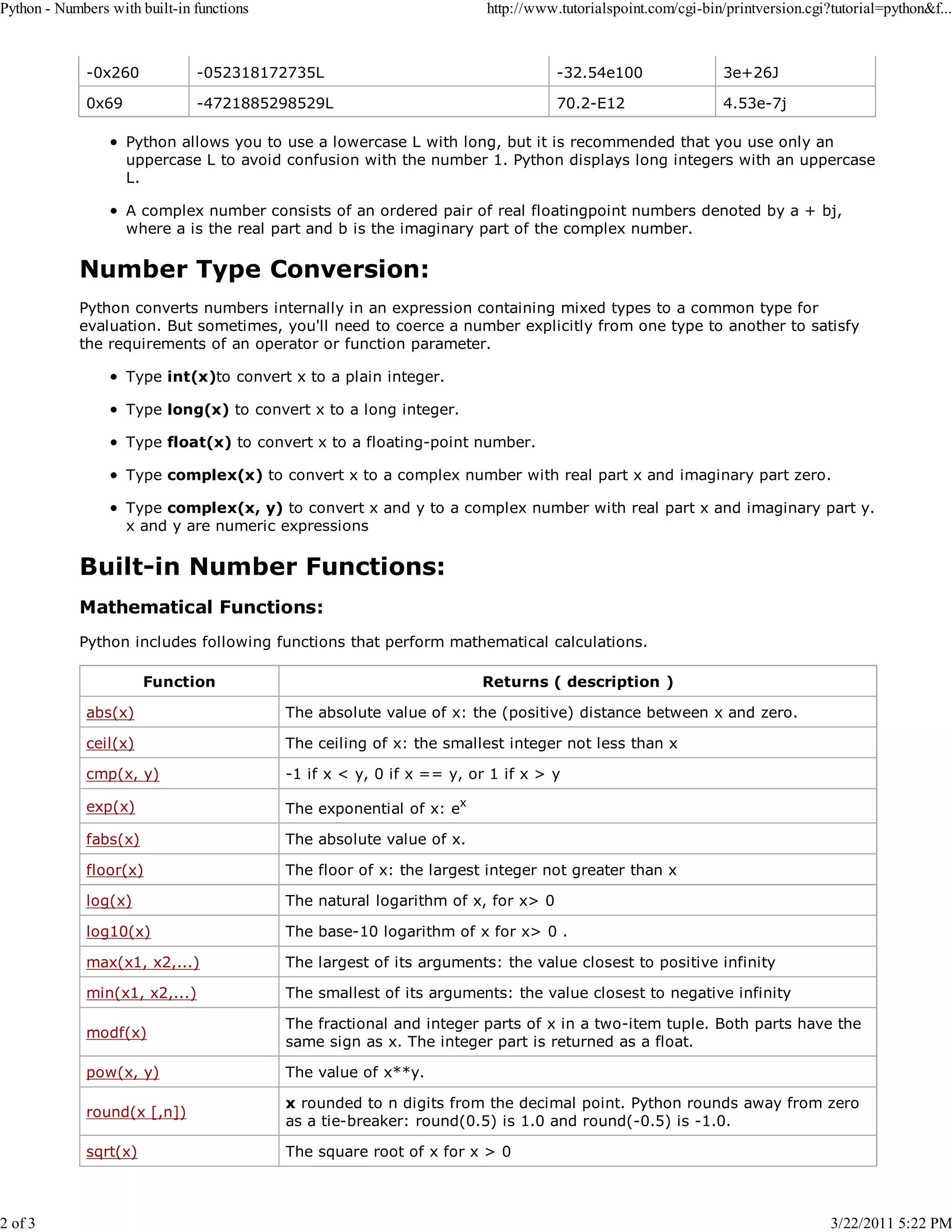 Python - Numbers with built-in functions 2 of 3 http://www.tutorialspoint.com/cgi-bin/printversion.cgi?tutorial=python&f... -0x260 -052318172735L -32.54e100 3e+26J 0x69 -4721885298529L 70.2-E12 4.53e-7j Python allows you to use a lowercase L with long, but it is recommended that you use only an uppercase L to avoid confusion with the number 1. Python displays long integers with an uppercase L. A complex number consists of an ordered pair of real floatingpoint numbers denoted by a + bj, where a is the real part and b is the imaginary part of the complex number. Number Type Conversion: Python converts numbers internally in an expression containing mixed types to a common type for evaluation. But sometimes, you'll need to coerce a number explicitly from one type to another to satisfy the requirements of an operator or function parameter. Type int(x)to convert x to a plain integer. Type long(x) to convert x to a long integer. Type float(x) to convert x to a floating-point number. Type complex(x) to convert x to a complex number with real part x and imaginary part zero. Type complex(x, y) to convert x and y to a complex number with real part x and imaginary part y. x and y are numeric expressions Built-in Number Functions: Mathematical Functions: Python includes following functions that perform mathematical calculations. Function Returns ( description ) abs(x) The absolute value of x: the (positive) distance between x and zero. ceil(x) The ceiling of x: the smallest integer not less than x cmp(x, y) -1 if x < y, 0 if x == y, or 1 if x > y exp(x) The exponential of x: ex fabs(x) The absolute value of x. floor(x) The floor of x: the largest integer not greater than x log(x) The natural logarithm of x, for x> 0 log10(x) The base-10 logarithm of x for x> 0 . max(x1, x2,...) The largest of its arguments: the value closest to positive infinity min(x1, x2,...) The smallest of its arguments: the value closest to negative infinity modf(x) The fractional and integer parts of x in a two-item tuple. Both parts have the same sign as x. The integer part is returned as a float. pow(x, y) The value of x**y. round(x [,n]) x rounded to n digits from the decimal point. Python rounds away from zero as a tie-breaker: round(0.5) is 1.0 and round(-0.5) is -1.0. sqrt(x) The square root of x for x > 0 3/22/2011 5:22 PM 