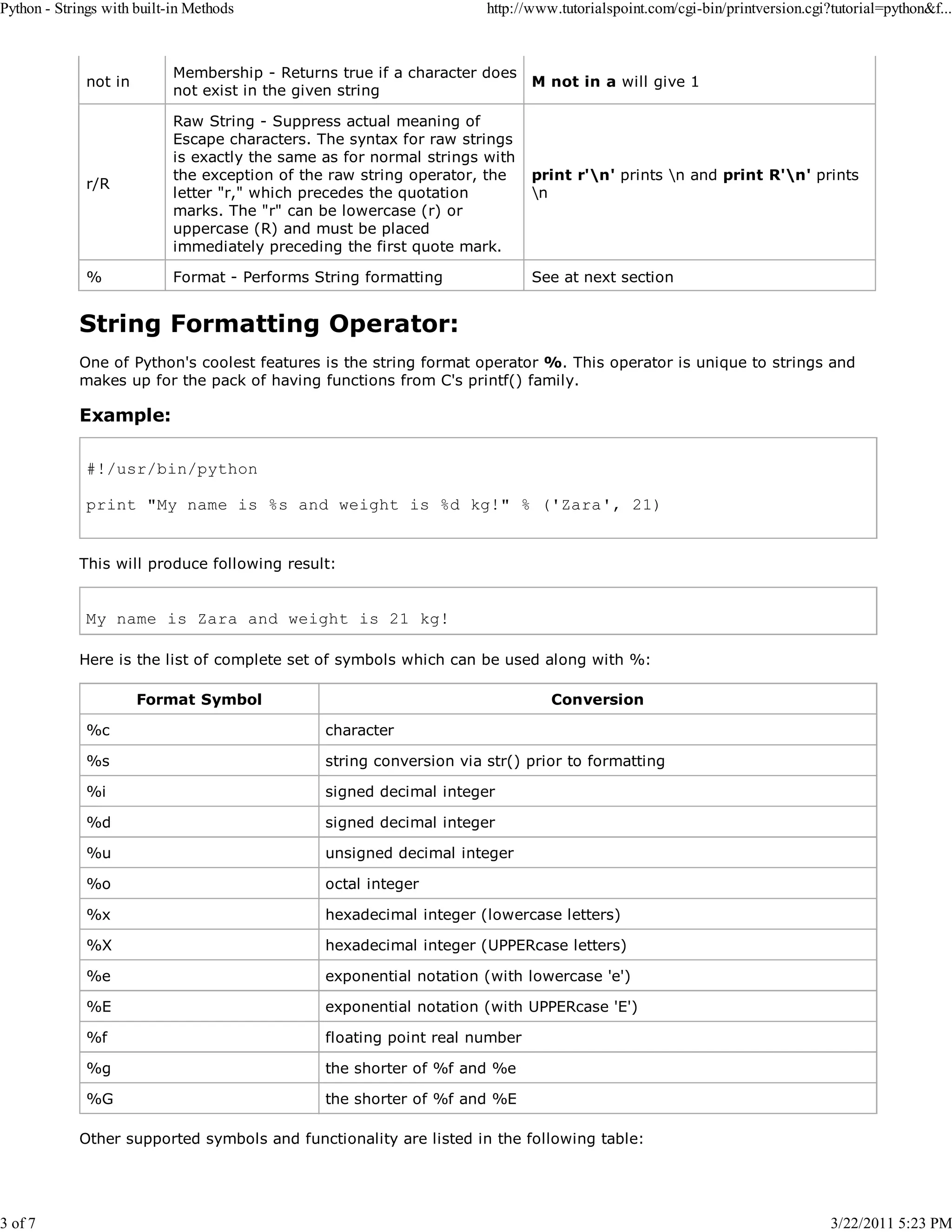 Python - Strings with built-in Methods 3 of 7 http://www.tutorialspoint.com/cgi-bin/printversion.cgi?tutorial=python&f... not in Membership - Returns true if a character does not exist in the given string M not in a will give 1 r/R Raw String - Suppress actual meaning of Escape characters. The syntax for raw strings is exactly the same as for normal strings with the exception of the raw string operator, the letter "r," which precedes the quotation marks. The "r" can be lowercase (r) or uppercase (R) and must be placed immediately preceding the first quote mark. print r'n' prints n and print R'n' prints n % Format - Performs String formatting See at next section String Formatting Operator: One of Python's coolest features is the string format operator %. This operator is unique to strings and makes up for the pack of having functions from C's printf() family. Example: #!/usr/bin/python print "My name is %s and weight is %d kg!" % ('Zara', 21) This will produce following result: My name is Zara and weight is 21 kg! Here is the list of complete set of symbols which can be used along with %: Format Symbol Conversion %c character %s string conversion via str() prior to formatting %i signed decimal integer %d signed decimal integer %u unsigned decimal integer %o octal integer %x hexadecimal integer (lowercase letters) %X hexadecimal integer (UPPERcase letters) %e exponential notation (with lowercase 'e') %E exponential notation (with UPPERcase 'E') %f floating point real number %g the shorter of %f and %e %G the shorter of %f and %E Other supported symbols and functionality are listed in the following table: 3/22/2011 5:23 PM 