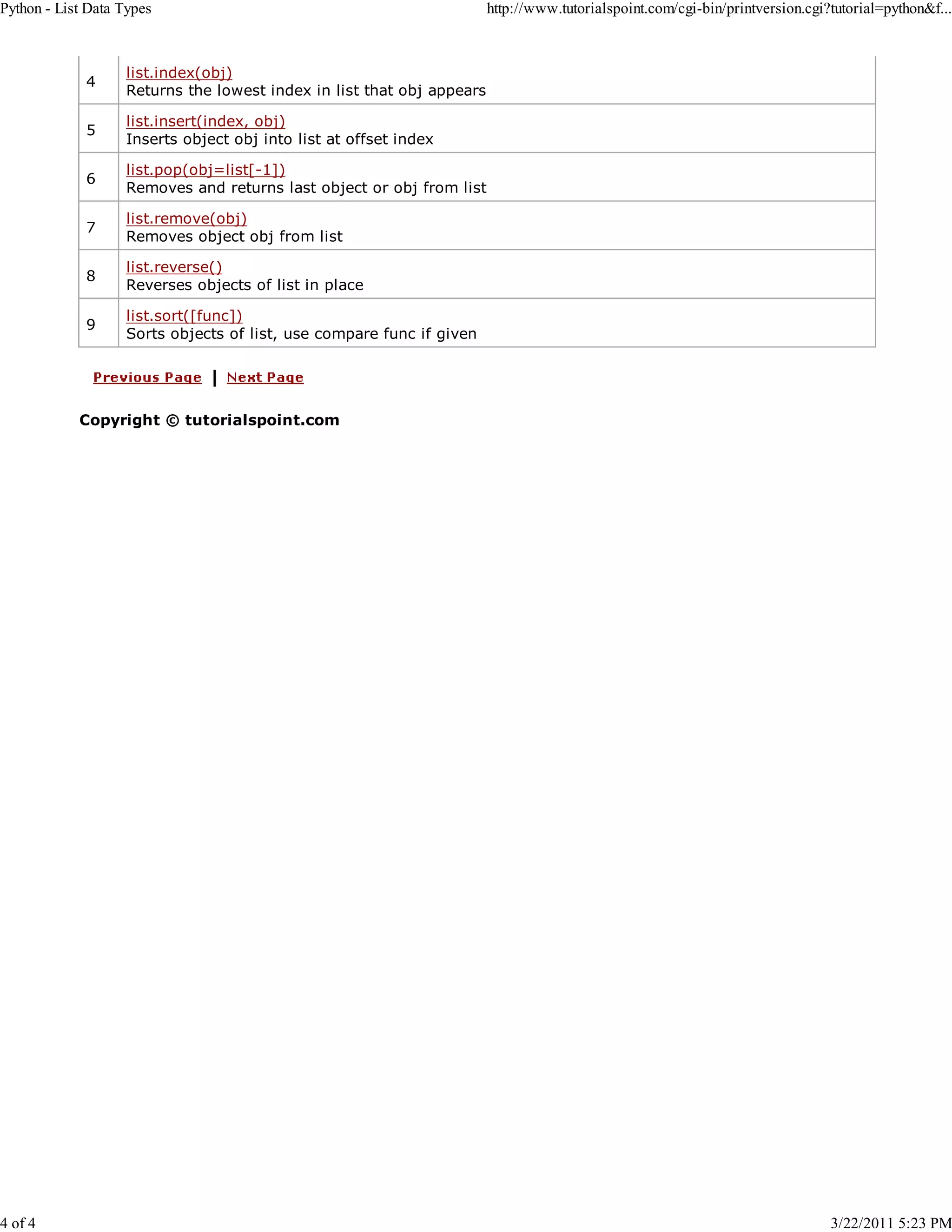 Python - List Data Types 4 of 4 4 list.index(obj) Returns the lowest index in list that obj appears 5 list.insert(index, obj) Inserts object obj into list at offset index 6 list.pop(obj=list[-1]) Removes and returns last object or obj from list 7 list.remove(obj) Removes object obj from list 8 list.reverse() Reverses objects of list in place 9 http://www.tutorialspoint.com/cgi-bin/printversion.cgi?tutorial=python&f... list.sort([func]) Sorts objects of list, use compare func if given Copyright © tutorialspoint.com 3/22/2011 5:23 PM 