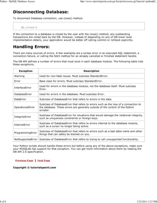 Python - MySQL Database Access

8 of 8

http://www.tutorialspoint.com/cgi-bin/printversion.cgi?tutorial=python&f...

Disconnecting Database:
To disconnect Database connection, use close() method.

db.close()
If the connection to a database is closed by the user with the close() method, any outstanding
transactions are rolled back by the DB. However, instead of depending on any of DB lower level
implementation details, your application would be better off calling commit or rollback explicitly.

Handling Errors:
There are many sources of errors. A few examples are a syntax error in an executed SQL statement, a
connection failure, or calling the fetch method for an already canceled or finished statement handle.
The DB API defines a number of errors that must exist in each database module. The following table lists
these exceptions.
Exception

Description

Warning

Used for non-fatal issues. Must subclass StandardError.

Error

Base class for errors. Must subclass StandardError.

InterfaceError

Used for errors in the database module, not the database itself. Must subclass
Error.

DatabaseError

Used for errors in the database. Must subclass Error.

DataError

Subclass of DatabaseError that refers to errors in the data.

OperationalError

Subclass of DatabaseError that refers to errors such as the loss of a connection to
the database. These errors are generally outside of the control of the Python
scripter.

IntegrityError

Subclass of DatabaseError for situations that would damage the relational integrity,
such as uniqueness constraints or foreign keys.

InternalError

Subclass of DatabaseError that refers to errors internal to the database module,
such as a cursor no longer being active.

ProgrammingError

Subclass of DatabaseError that refers to errors such as a bad table name and other
things that can safely be blamed on you.

NotSupportedError Subclass of DatabaseError that refers to trying to call unsupported functionality.
Your Python scripts should handle these errors but before using any of the above exceptions, make sure
your MySQLdb has support for that exception. You can get more information about them by reading the
DB API 2.0 specification.

Copyright © tutorialspoint.com

3/22/2011 5:27 PM

 