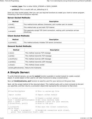 Python - Network Programming

2 of 4

http://www.tutorialspoint.com/cgi-bin/printversion.cgi?tutorial=python&f...

socket_type: This is either SOCK_STREAM or SOCK_DGRAM.
protocol: This is usually left out, defaulting to 0.
Once you have socket object, then you can use required functions to create your client or server program.
Following is the list of functions required:

Server Socket Methods:
Method

Description

s.bind()

This method binds address (hostname, port number pair) to socket.

s.listen()

This method sets up and start TCP listener.

s.accept()

This passively accept TCP client connection, waiting until connection arrives
(blocking).

Client Socket Methods:
Method
s.connect()

Description
This method actively initiates TCP server connection.

General Socket Methods:
Method

Description

s.recv()

This method receives TCP message

s.send()

This method transmits TCP message

s.recvfrom()

This method receives UDP message

s.sendto()

This method transmits UDP message

s.close()

This method closes socket

socket.gethostname() Returns the hostname.

A Simple Server:
To write Internet servers, we use the socket function available in socket module to create a socket
object. A socket object is then used to call other functions to setup a socket server.
Now call bind(hostname, port function to specify a port for your service on the given host.
Next, call the accept method of the returned object. This method waits until a client connects to the port
you specified, and then returns a connection object that represents the connection to that client.

#!/usr/bin/python

# This is server.py file

import socket

# Import socket module

s = socket.socket()
host = socket.gethostname()
port = 12345
s.bind((host, port))

#
#
#
#

Create a socket object
Get local machine name
Reserve a port for your service.
Bind to the port

s.listen(5)
# Now wait for client connection.
while True:
c, addr = s.accept()
# Establish connection with client.
print 'Got connection from', addr

3/22/2011 5:27 PM

 
