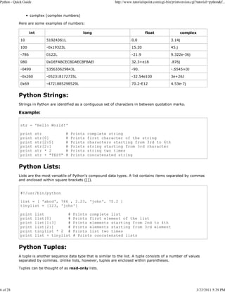 Python - Quick Guide

6 of 28

http://www.tutorialspoint.com/cgi-bin/printversion.cgi?tutorial=python&f...

complex (complex numbers)
Here are some examples of numbers:
int

long

float

complex

10

51924361L

0.0

3.14j

100

-0x19323L

15.20

45.j

-786

0122L

-21.9

9.322e-36j

080

0xDEFABCECBDAECBFBAEl

32.3+e18

.876j

-0490

535633629843L

-90.

-.6545+0J

-0x260

-052318172735L

-32.54e100

3e+26J

0x69

-4721885298529L

70.2-E12

4.53e-7j

Python Strings:
Strings in Python are identified as a contiguous set of characters in between quotation marks.

Example:
str = 'Hello World!'
print
print
print
print
print
print

str
str[0]
str[2:5]
str[2:]
str * 2
str + "TEST"

#
#
#
#
#
#

Prints
Prints
Prints
Prints
Prints
Prints

complete string
first character of the string
characters starting from 3rd to 6th
string starting from 3rd character
string two times
concatenated string

Python Lists:
Lists are the most versatile of Python's compound data types. A list contains items separated by commas
and enclosed within square brackets ([]).

#!/usr/bin/python
list = [ 'abcd', 786 , 2.23, 'john', 70.2 ]
tinylist = [123, 'john']
print
print
print
print
print
print

list
#
list[0]
#
list[1:3]
#
list[2:]
#
tinylist * 2 #
list + tinylist

Prints complete list
Prints first element of the list
Prints elements starting from 2nd to 4th
Prints elements starting from 3rd element
Prints list two times
# Prints concatenated lists

Python Tuples:
A tuple is another sequence data type that is similar to the list. A tuple consists of a number of values
separated by commas. Unlike lists, however, tuples are enclosed within parentheses.
Tuples can be thought of as read-only lists.

3/22/2011 5:29 PM

 