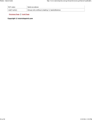 Python - Quick Guide

28 of 28

http://www.tutorialspoint.com/cgi-bin/printversion.cgi?tutorial=python&f...

R(?i:uby)

Same as above

rub(?:y|le))

Group only without creating 1 backreference

Copyright © tutorialspoint.com

3/22/2011 5:29 PM

 