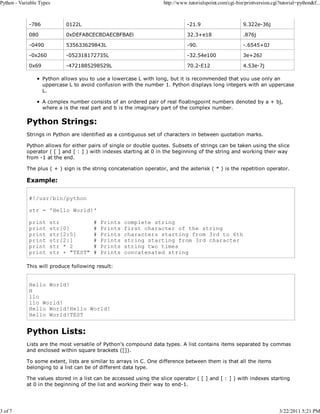 Python - Variable Types

3 of 7

http://www.tutorialspoint.com/cgi-bin/printversion.cgi?tutorial=python&f...

-786

0122L

-21.9

9.322e-36j

080

0xDEFABCECBDAECBFBAEl

32.3+e18

.876j

-0490

535633629843L

-90.

-.6545+0J

-0x260

-052318172735L

-32.54e100

3e+26J

0x69

-4721885298529L

70.2-E12

4.53e-7j

Python allows you to use a lowercase L with long, but it is recommended that you use only an
uppercase L to avoid confusion with the number 1. Python displays long integers with an uppercase
L.
A complex number consists of an ordered pair of real floatingpoint numbers denoted by a + bj,
where a is the real part and b is the imaginary part of the complex number.

Python Strings:
Strings in Python are identified as a contiguous set of characters in between quotation marks.
Python allows for either pairs of single or double quotes. Subsets of strings can be taken using the slice
operator ( [ ] and [ : ] ) with indexes starting at 0 in the beginning of the string and working their way
from -1 at the end.
The plus ( + ) sign is the string concatenation operator, and the asterisk ( * ) is the repetition operator.

Example:
#!/usr/bin/python
str = 'Hello World!'
print
print
print
print
print
print

str
str[0]
str[2:5]
str[2:]
str * 2
str + "TEST"

#
#
#
#
#
#

Prints
Prints
Prints
Prints
Prints
Prints

complete string
first character of the string
characters starting from 3rd to 6th
string starting from 3rd character
string two times
concatenated string

This will produce following result:

Hello World!
H
llo
llo World!
Hello World!Hello World!
Hello World!TEST

Python Lists:
Lists are the most versatile of Python's compound data types. A list contains items separated by commas
and enclosed within square brackets ([]).
To some extent, lists are similar to arrays in C. One difference between them is that all the items
belonging to a list can be of different data type.
The values stored in a list can be accessed using the slice operator ( [ ] and [ : ] ) with indexes starting
at 0 in the beginning of the list and working their way to end-1.

3/22/2011 5:21 PM

 