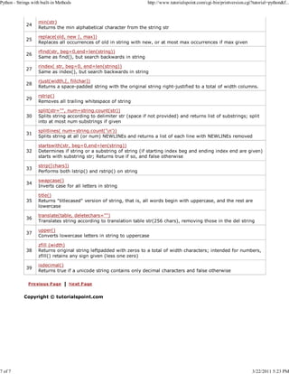 Python - Strings with built-in Methods

7 of 7

http://www.tutorialspoint.com/cgi-bin/printversion.cgi?tutorial=python&f...

24

min(str)
Returns the min alphabetical character from the string str

25

replace(old, new [, max])
Replaces all occurrences of old in string with new, or at most max occurrences if max given

26

rfind(str, beg=0,end=len(string))
Same as find(), but search backwards in string

27

rindex( str, beg=0, end=len(string))
Same as index(), but search backwards in string

28

rjust(width,[, fillchar])
Returns a space-padded string with the original string right-justified to a total of width columns.

29

rstrip()
Removes all trailing whitespace of string

30

split(str="", num=string.count(str))
Splits string according to delimiter str (space if not provided) and returns list of substrings; split
into at most num substrings if given

31

splitlines( num=string.count('n'))
Splits string at all (or num) NEWLINEs and returns a list of each line with NEWLINEs removed

32

startswith(str, beg=0,end=len(string))
Determines if string or a substring of string (if starting index beg and ending index end are given)
starts with substring str; Returns true if so, and false otherwise

33

strip([chars])
Performs both lstrip() and rstrip() on string

34

swapcase()
Inverts case for all letters in string

35

title()
Returns "titlecased" version of string, that is, all words begin with uppercase, and the rest are
lowercase

36

translate(table, deletechars="")
Translates string according to translation table str(256 chars), removing those in the del string

37

upper()
Converts lowercase letters in string to uppercase

38

zfill (width)
Returns original string leftpadded with zeros to a total of width characters; intended for numbers,
zfill() retains any sign given (less one zero)

39

isdecimal()
Returns true if a unicode string contains only decimal characters and false otherwise

Copyright © tutorialspoint.com

3/22/2011 5:23 PM

 