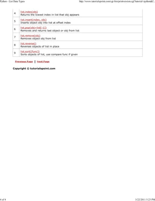 Python - List Data Types

4 of 4

4

list.index(obj)
Returns the lowest index in list that obj appears

5

list.insert(index, obj)
Inserts object obj into list at offset index

6

list.pop(obj=list[-1])
Removes and returns last object or obj from list

7

list.remove(obj)
Removes object obj from list

8

list.reverse()
Reverses objects of list in place

9

http://www.tutorialspoint.com/cgi-bin/printversion.cgi?tutorial=python&f...

list.sort([func])
Sorts objects of list, use compare func if given

Copyright © tutorialspoint.com

3/22/2011 5:23 PM

 