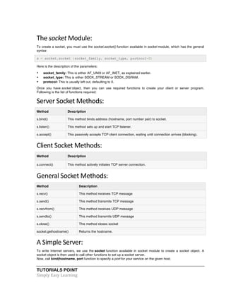 The 
socket 
Module: 
To create a socket, you must use the socket.socket() function available in socket module, which has the general 
syntax: 
s = socket.socket (socket_family, socket_type, protocol=0) 
Here is the description of the parameters: 
• socket_family: This is either AF_UNIX or AF_INET, as explained earlier. 
• socket_type: This is either SOCK_STREAM or SOCK_DGRAM. 
• protocol: This is usually left out, defaulting to 0. 
Once you have socket object, then you can use required functions to create your client or server program. 
Following is the list of functions required: 
Server 
Socket 
Methods: 
Method Description 
s.bind() This method binds address (hostname, port number pair) to socket. 
s.listen() This method sets up and start TCP listener. 
s.accept() This passively accepts TCP client connection, waiting until connection arrives (blocking). 
Client 
Socket 
Methods: 
Method Description 
s.connect() This method actively initiates TCP server connection. 
General 
Socket 
Methods: 
Method Description 
s.recv() This method receives TCP message 
s.send() This method transmits TCP message 
s.recvfrom() This method receives UDP message 
s.sendto() This method transmits UDP message 
s.close() This method closes socket 
socket.gethostname() Returns the hostname. 
A 
Simple 
Server: 
To write Internet servers, we use the socket function available in socket module to create a socket object. A 
socket object is then used to call other functions to set up a socket server. 
Now, call bind(hostname, port function to specify a port for your service on the given host. 
TUTORIALS POINT 
Simply 
Easy 
Learning 
 