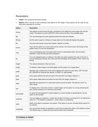 Parameters: 
• master: This represents the parent window. 
• options: Here is the list of most commonly used options for this widget. These options can be used as key-value 
pairs separated by commas. 
Option Description 
Anchor 
This options controls where the text is positioned if the widget has more space than the text 
needs. The default is anchor=CENTER, which centers the text in the available space. 
Bg The normal background color displayed behind the label and indicator. 
Bitmap Set this option equal to a bitmap or image object and the label will display that graphic. 
Bd The size of the border around the indicator. Default is 2 pixels. 
Cursor 
If you set this option to a cursor name (arrow, dot etc.), the mouse cursor will change to that 
pattern when it is over the checkbutton. 
Font 
If you are displaying text in this label (with the text or textvariable option, the font option 
specifies in what font that text will be displayed. 
Fg 
If you are displaying text or a bitmap in this label, this option specifies the color of the text. If 
you are displaying a bitmap, this is the color that will appear at the position of the 1-bits in the 
bitmap. 
Height The vertical dimension of the new frame. 
image To display a static image in the label widget, set this option to an image object. 
justify 
Specifies how multiple lines of text will be aligned with respect to each other: LEFT for flush 
left, CENTER for centered (the default), or RIGHT for right-justified. 
padx Extra space added to the left and right of the text within the widget. Default is 1. 
pady Extra space added above and below the text within the widget. Default is 1. 
relief 
Specifies the appearance of a decorative border around the label. The default is FLAT; for 
other values. 
text 
To display one or more lines of text in a label widget, set this option to a string containing the 
text. Internal newlines ("n") will force a line break. 
textvariable 
To slave the text displayed in a label widget to a control variable of classStringVar, set this 
option to that variable. 
underline 
You can display an underline (_) below the nth letter of the text, counting from 0, by setting this 
option to n. The default is underline=-1, which means no underlining. 
width 
Width of the label in characters (not pixels!). If this option is not set, the label will be sized to fit 
its contents. 
wraplength 
You can limit the number of characters in each line by setting this option to the desired number. 
The default value, 0, means that lines will be broken only at newlines. 
TUTORIALS POINT 
Simply 
Easy 
Learning 
 