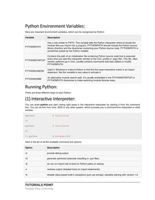 Python 
Environment 
Variables: 
Here are important environment variables, which can be recognized by Python: 
Variable Description 
PYTHONPATH 
Has a role similar to PATH. This variable tells the Python interpreter where to locate the 
module files you import into a program. PYTHONPATH should include the Python source 
library directory and the directories containing your Python source code. PYTHONPATH is 
sometimes preset by the Python installer. 
PYTHONSTARTUP 
Contains the path of an initialization file containing Python source code that is executed 
every time you start the interpreter (similar to the Unix .profile or .login file). This file, often 
named .pythonrc.py in Unix, usually contains commands that load utilities or modify 
PYTHONPATH. 
PYTHONCASEOK 
Used in Windows to instruct Python to find the first case-insensitive match in an import 
statement. Set this variable to any value to activate it. 
PYTHONHOME 
An alternative module search path. It's usually embedded in the PYTHONSTARTUP or 
PYTHONPATH directories to make switching module libraries easy. 
Running 
Python: 
There are three different ways to start Python: 
(1) 
Interactive 
Interpreter: 
You can enter python and start coding right away in the interactive interpreter by starting it from the command 
line. You can do this from Unix, DOS or any other system, which provides you a command-line interpreter or shell 
window. 
$python # Unix/Linux 
or 
python% # Unix/Linux 
or 
C:>python # Windows/DOS 
Here is the list of all the available command line options: 
Option Description 
-d provide debug output 
-O generate optimized bytecode (resulting in .pyo files) 
-S do not run import site to look for Python paths on startup 
-v verbose output (detailed trace on import statements) 
-X disable class-based built-in exceptions (just use strings); obsolete starting with version 1.6 
TUTORIALS POINT 
Simply 
Easy 
Learning 
 
