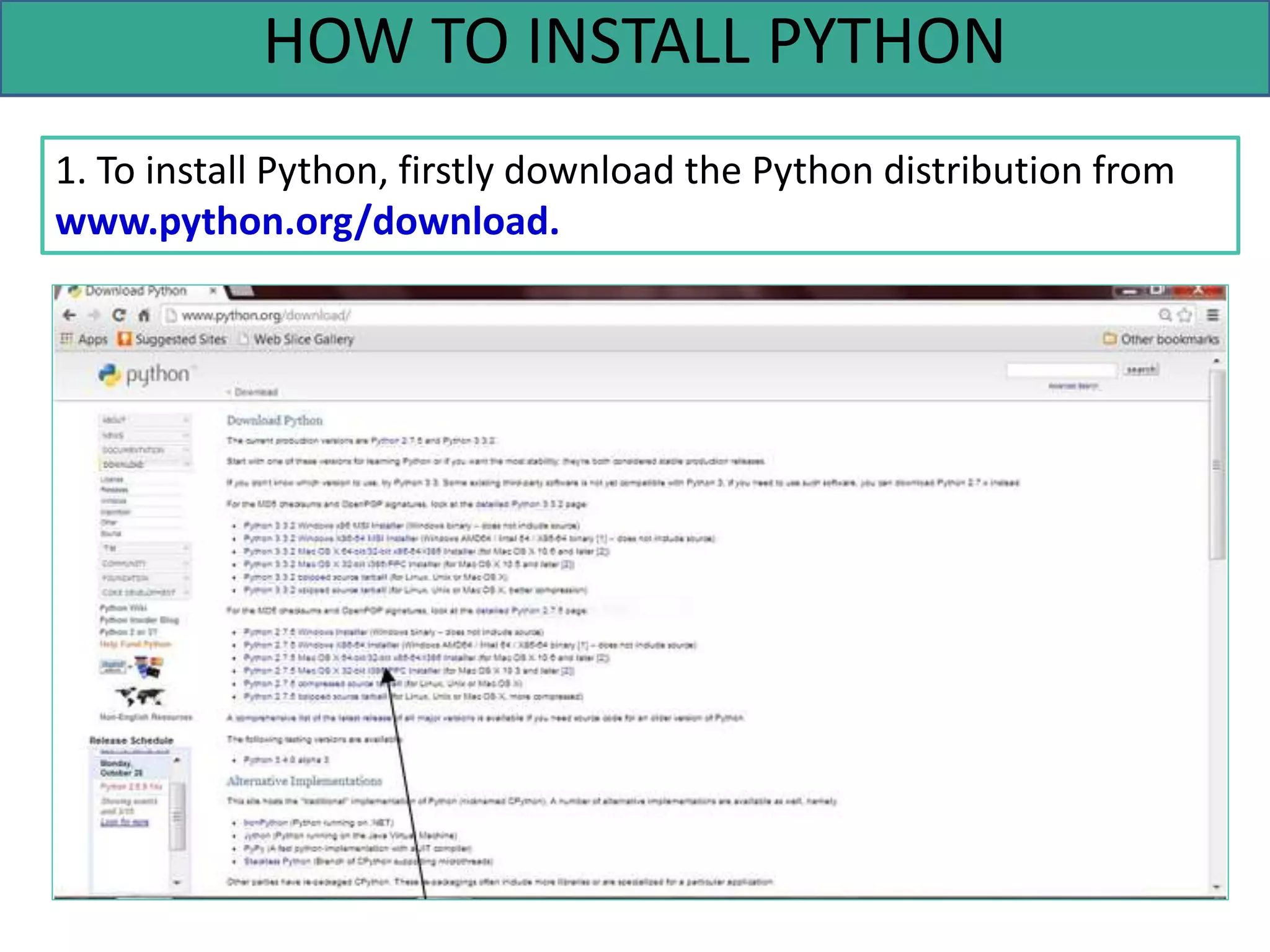 HOW TO INSTALL PYTHON
1. To install Python, firstly download the Python distribution from
www.python.org/download.
 