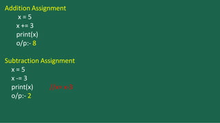 Addition Assignment
x = 5
x += 3
print(x)
o/p:- 8
Subtraction Assignment
x = 5
x -= 3
print(x) //x= x-3
o/p:- 2
 