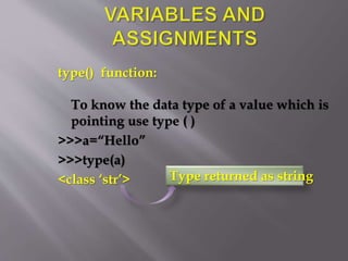 type() function:
To know the data type of a value which is
pointing use type ( )
>>>a=“Hello”
>>>type(a)
<class ‘str’> Type returned as string
 