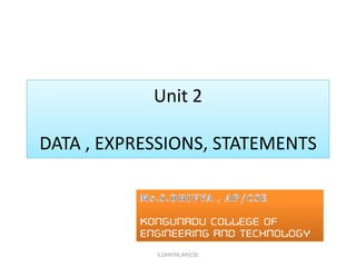 Unit 2Unit 2
DATA , EXPRESSIONS, STATEMENTS
S.DHIVYA,AP/CSE
KONGUNADU COLLEGE OF
ENGINEERING AND TECHNOLOGY
KONGUNADU COLLEGE OF
ENGINEERING AND TECHNOLOGY
 