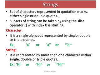 Strings
• Set of characters represented in quotation marks,
either single or double quotes.
• Subsets of string can be taken by using the slice
operator[:] with index 0 is starting.
Character:
• It is a single alphabet represented by single, double
or trible quotes.
Ex: ‘a’ or “a” or ‘“a’’’
String:
• It is represented by more than one character within
single, double or trible quotes.
Ex: ‘Hi’ or “Hi” or ‘“Hi’’’
S.DHIVYA,AP/CSE
 