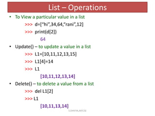 List – Operations
• To View a particular value in a list
>>> d=[“hi”,34,64,“rani”,12]
>>> print(d[2])
64
• Update() – to update a value in a list
>>> L1=[10,11,12,13,15]
>>> L1[4]=14
>>> L1
[10,11,12,13,14]
• Delete() – to delete a value from a list
>>> del L1[2]
>>> L1
[10,11,13,14]
S.DHIVYA,AP/CSE
 