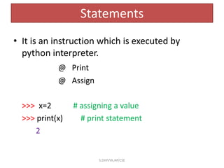 Statements
• It is an instruction which is executed by
python interpreter.
@ Print
@ Assign
>>> x=2 # assigning a value
>>> print(x) # print statement
2
S.DHIVYA,AP/CSE
 