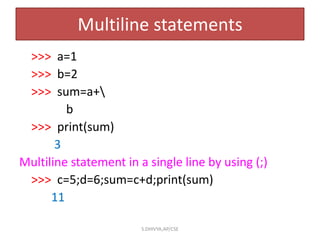 Multiline statements
>>> a=1
>>> b=2
>>> sum=a+
b
>>> print(sum)
3
Multiline statement in a single line by using (;)
>>> c=5;d=6;sum=c+d;print(sum)
11
S.DHIVYA,AP/CSE
 