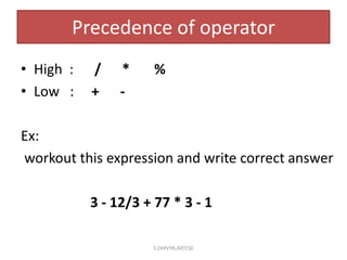 Precedence of operator
• High : / * %
• Low : + -
Ex:
workout this expression and write correct answer
3 - 12/3 + 77 * 3 - 1
S.DHIVYA,AP/CSE
 