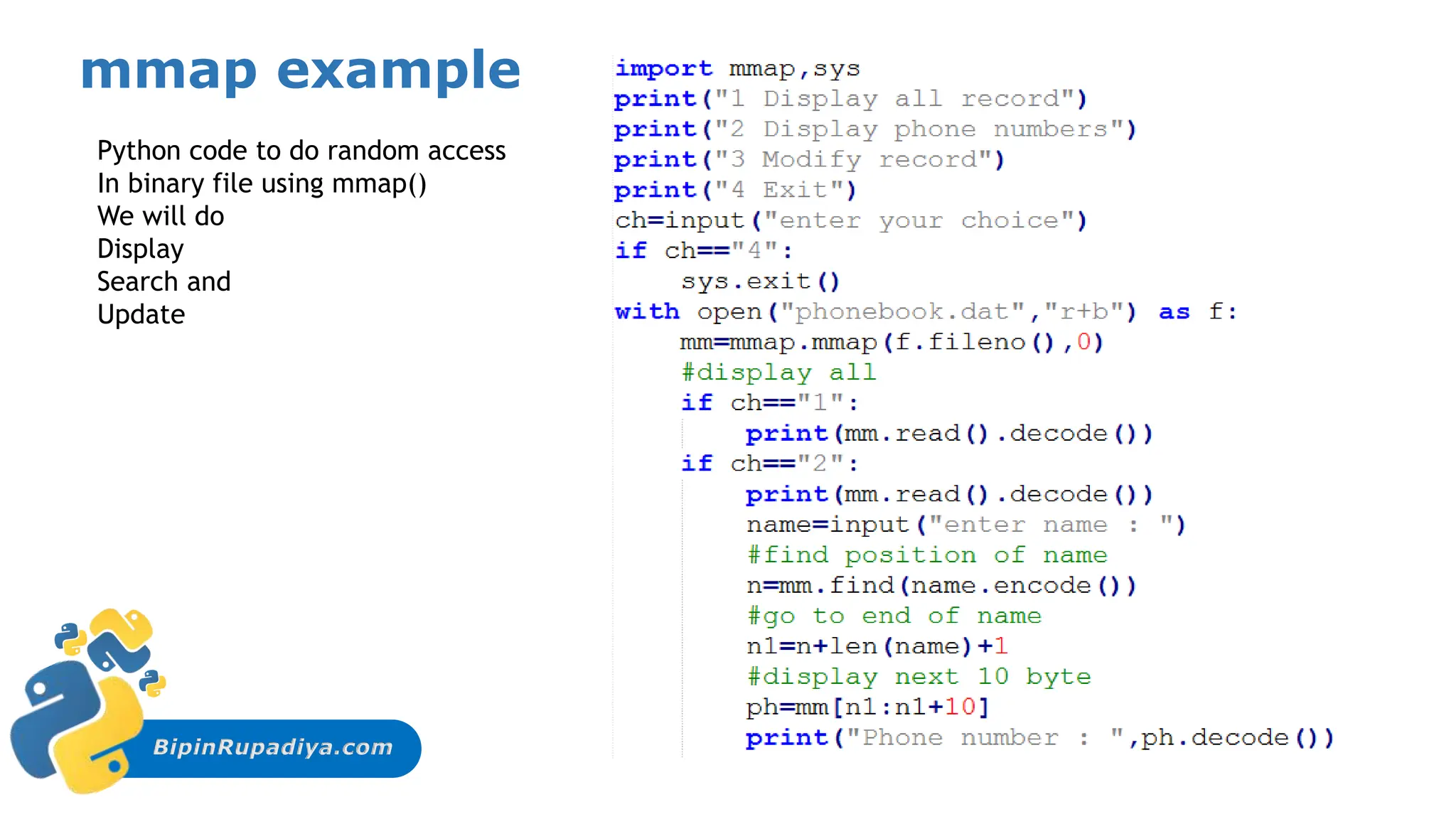 BipinRupadiya.com
mmap example
Python code to do random access
In binary file using mmap()
We will do
Display
Search and
Update
 
