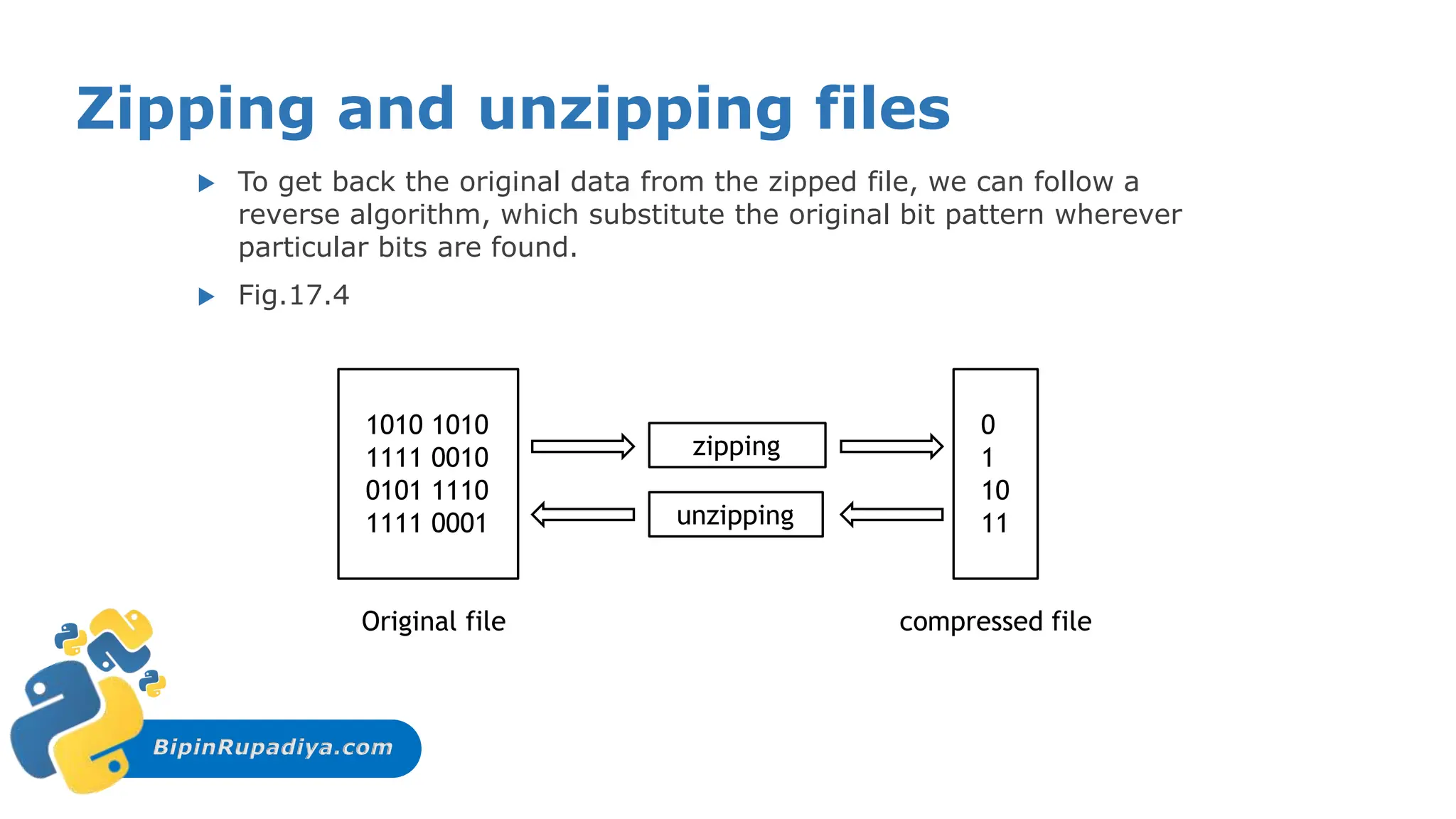 BipinRupadiya.com
Zipping and unzipping files
 To get back the original data from the zipped file, we can follow a
reverse algorithm, which substitute the original bit pattern wherever
particular bits are found.
 Fig.17.4
1010 1010
1111 0010
0101 1110
1111 0001
0
1
10
11
zipping
unzipping
Original file compressed file
 