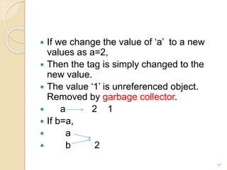  If we change the value of ‘a’ to a new
values as a=2,
 Then the tag is simply changed to the
new value.
 The value ‘1’ is unreferenced object.
Removed by garbage collector.
 a 2 1
 If b=a,
 a
 b 2
47
 