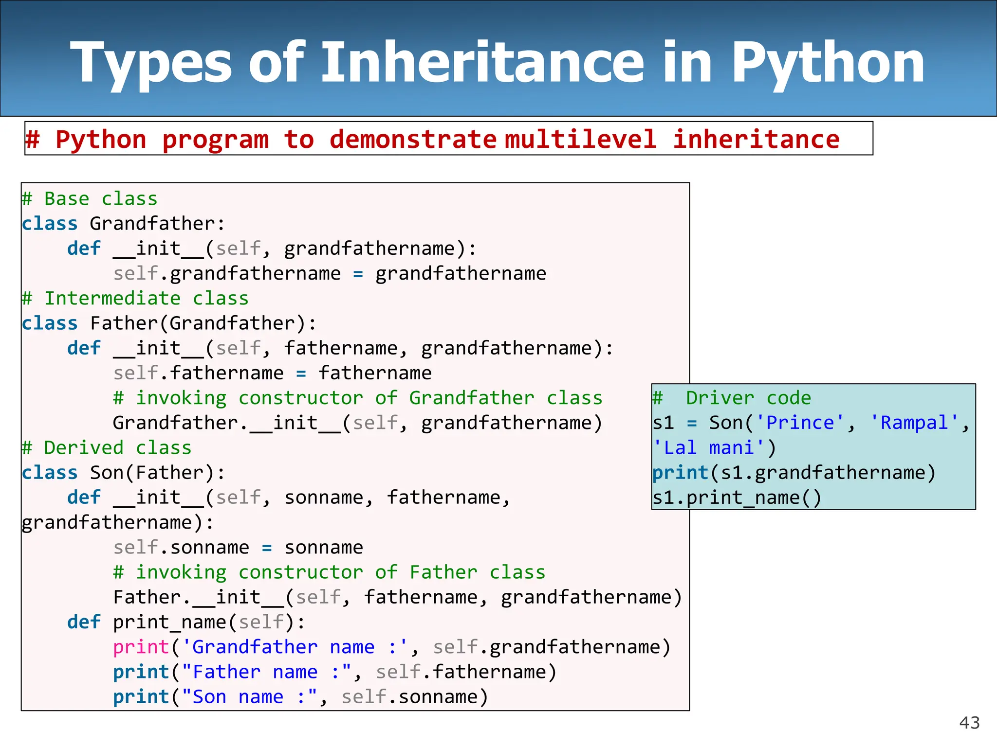 43
Types of Inheritance in Python
# Python program to demonstrate multilevel inheritance
# Base class
class Grandfather:
def __init__(self, grandfathername):
self.grandfathername = grandfathername
# Intermediate class
class Father(Grandfather):
def __init__(self, fathername, grandfathername):
self.fathername = fathername
# invoking constructor of Grandfather class
Grandfather.__init__(self, grandfathername)
# Derived class
class Son(Father):
def __init__(self, sonname, fathername,
grandfathername):
self.sonname = sonname
# invoking constructor of Father class
Father.__init__(self, fathername, grandfathername)
def print_name(self):
print('Grandfather name :', self.grandfathername)
print("Father name :", self.fathername)
print("Son name :", self.sonname)
# Driver code
s1 = Son('Prince', 'Rampal',
'Lal mani')
print(s1.grandfathername)
s1.print_name()
 