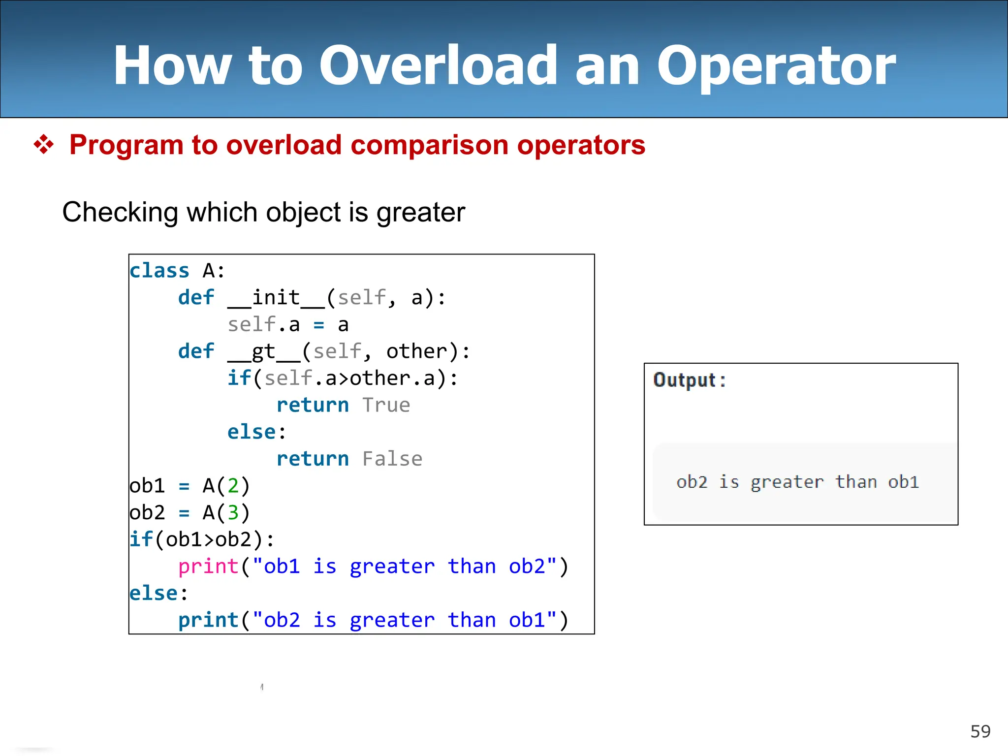 59
How to Overload an Operator
 Program to overload comparison operators
Checking which object is greater
class A:
def __init__(self, a):
self.a = a
def __gt__(self, other):
if(self.a>other.a):
return True
else:
return False
ob1 = A(2)
ob2 = A(3)
if(ob1>ob2):
print("ob1 is greater than ob2")
else:
print("ob2 is greater than ob1")
 