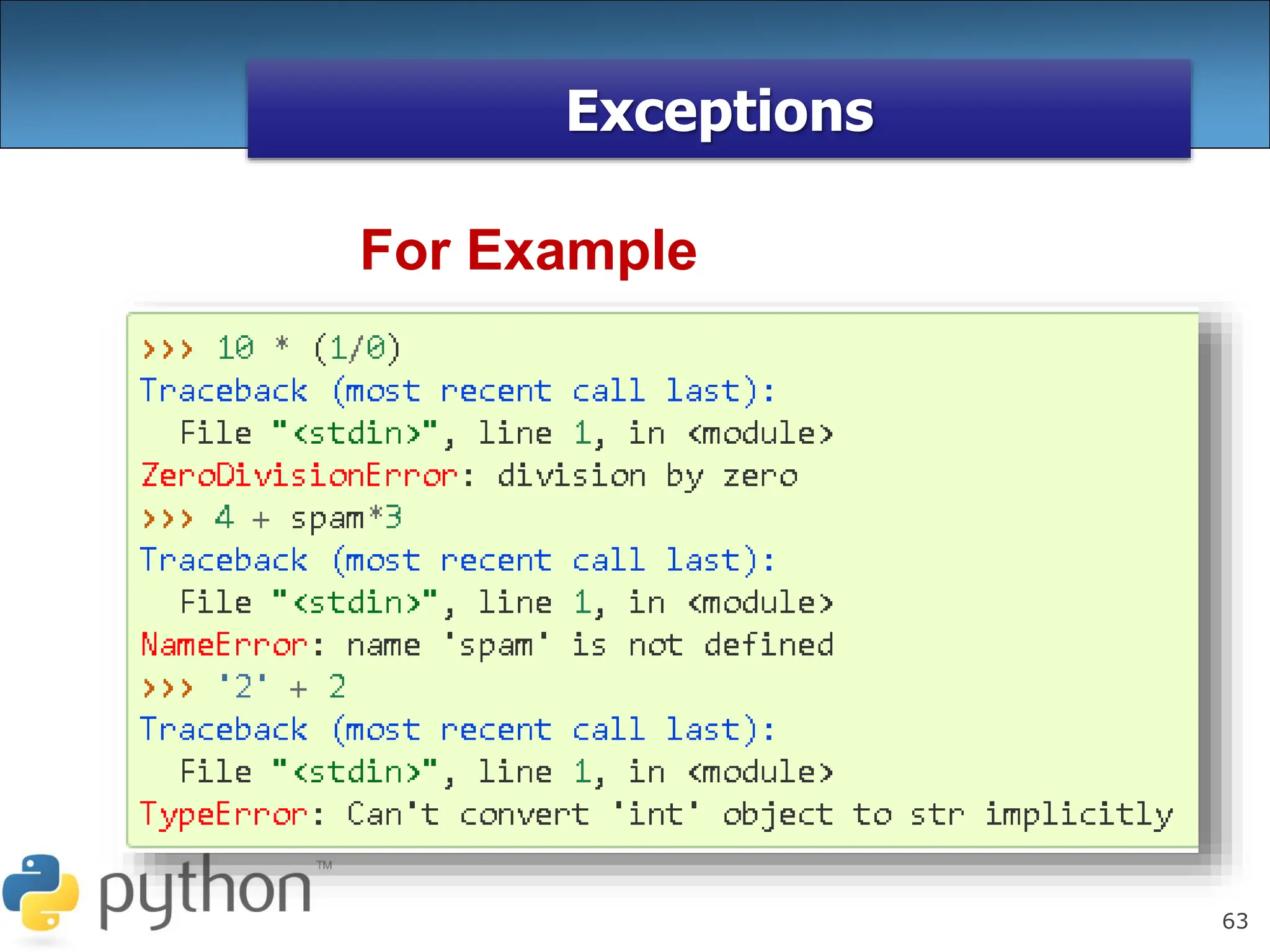 63
Exceptions
For Example
 