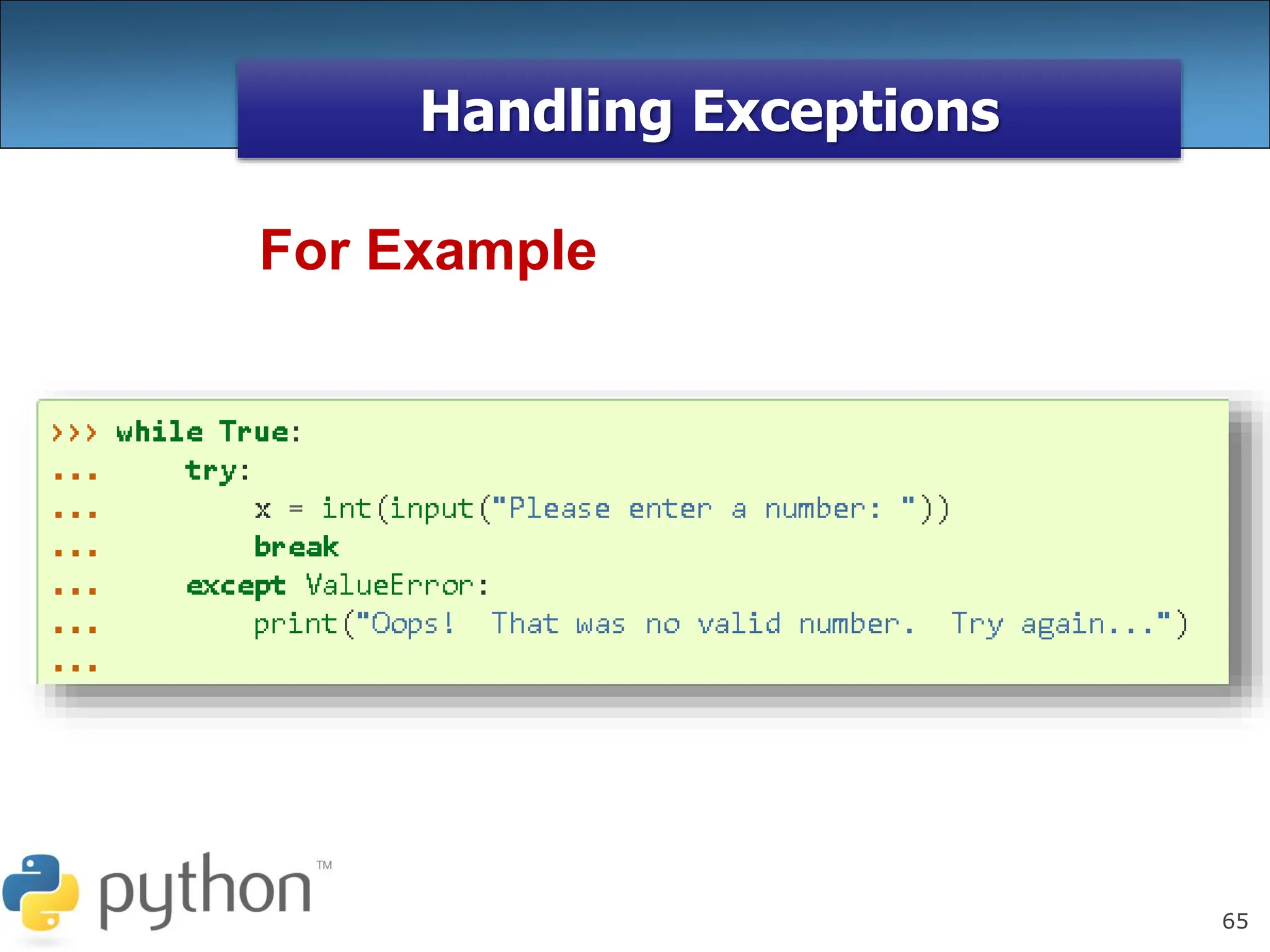 65
Handling Exceptions
For Example
 