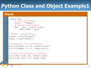 13
Python Class and Object Example1
Dog.py
1
2
3
4
5
6
7
8
9
10
11
12
13
14
15
16
17
18
19
20
21
class Dog:
# class attribute
attr1 = "mammal"
# Instance attribute
def __init__(self, name):
self.name = name
# Object instantiation
Rodger = Dog("Rodger")
Tommy = Dog("Tommy")
# Accessing class attributes
print("Rodger is a", Rodger.attr1)
print("Rodger is a", Tommy.attr1)
# Accessing instance attributes
print("My name is", Rodger.name)
print("My name is", Tommy.name)
 