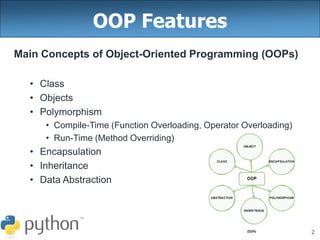 2
OOP Features
Main Concepts of Object-Oriented Programming (OOPs)
• Class
• Objects
• Polymorphism
• Compile-Time (Function Overloading, Operator Overloading)
• Run-Time (Method Overriding)
• Encapsulation
• Inheritance
• Data Abstraction
 