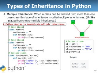 40
Types of Inheritance in Python
 Multiple Inheritance: When a class can be derived from more than one
base class this type of inheritance is called multiple inheritances. (Unlike
java, python shows multiple inheritance.)
# Python program to demonstrate multiple inheritance
# Base class1
class Mother:
mothername = ""
def mother(self):
print(self.mothername)
# Base class2
class Father:
fathername = ""
def father(self):
print(self.fathername)
# Derived class
class Son(Mother, Father):
def parents(self):
print("Father :", self.fathername)
print("Mother :", self.mothername)
# Driver's code
s1 = Son()
s1.fathername = "RAM"
s1.mothername = "SITA"
s1.parents()
 
