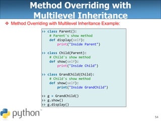 54
Method Overriding with
Multilevel Inheritance
 Method Overriding with Multilevel Inheritance Example:
>> class Parent():
# Parent's show method
def display(self):
print("Inside Parent")
>> class Child(Parent):
# Child's show method
def show(self):
print("Inside Child")
>> class GrandChild(Child):
# Child's show method
def show(self):
print("Inside GrandChild")
>> g = GrandChild()
>> g.show()
>> g.display()
 