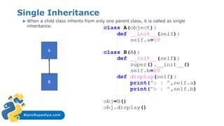 BipinRupadiya.com
Single Inheritance
 When a child class inherits from only one parent class, it is called as single
inheritance.
A
B
 